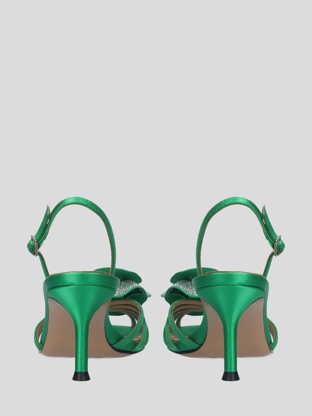 LOLA CRUZ Green Satin Slingback Heels with Crystal Rose Detail